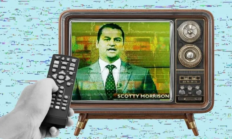 A hand holds a TV remote pointed at an old-fashioned television displaying a glitchy image of a news anchor labeled "SCOTTY MORRISON," against a blue background with static patterns.