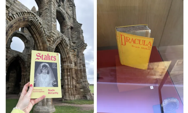 A photograph of the book Stakes by Noelle McCarthy held up in front of Whitby Abbey. Next to is is a photo of a first edition of the novel Dracula.