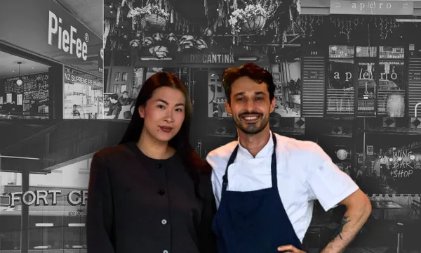 a woman with long dark hair and wearing a black top, and a man wearing a chef's uniform smile in front of a collage of restaurant fronts