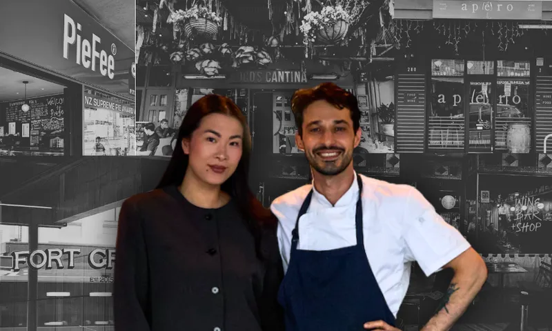 a woman with long dark hair and wearing a black top, and a man wearing a chef's uniform smile in front of a collage of restaurant fronts