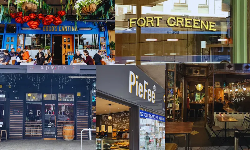 a selection of five shopfronts, mostly glass with painted writing on it