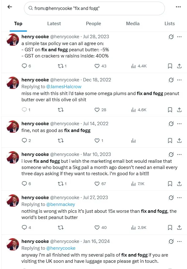 A Twitter search for "fix and fogg" shows tweets from @henrycooke discussing prices, reviews, and recommendations about Fix & Fogg peanut butter, compared to other brands and mentioning travel tips.