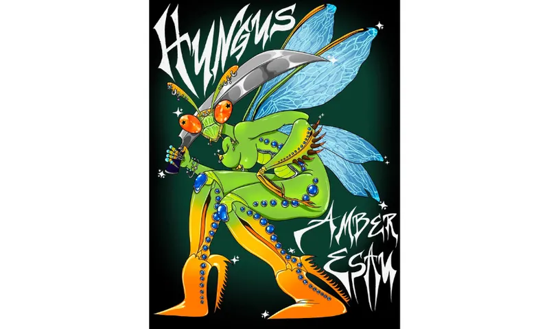 The cover of Amber Esau's poetry collection called Hungus. It features an illustration of a praying mantis anthropomorphised to resemble a woman.