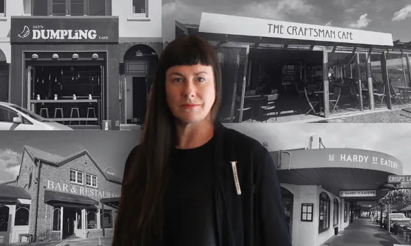 a black and white collage of restaurant fronts with a colour portrait of a woman with long brown hair and bangs smiling at the camera