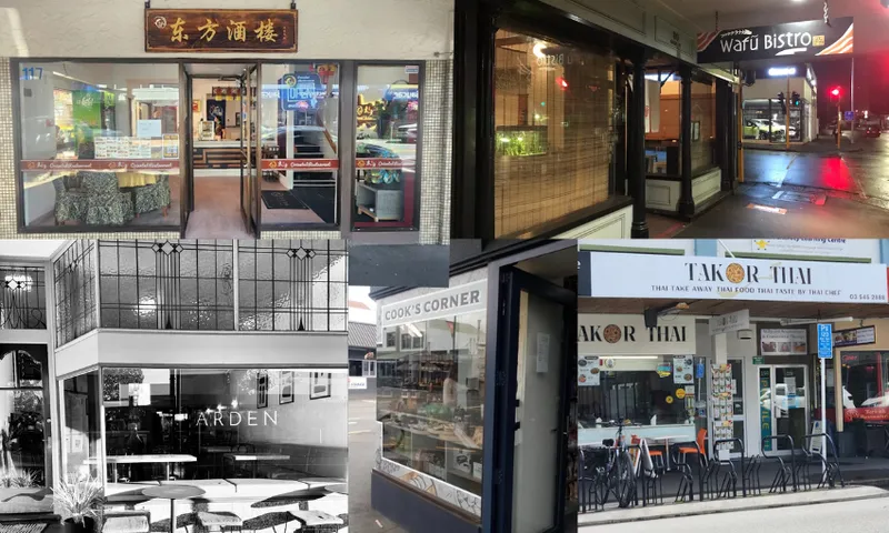 a collage of four shop fronts in Nelson, all with large glass windows