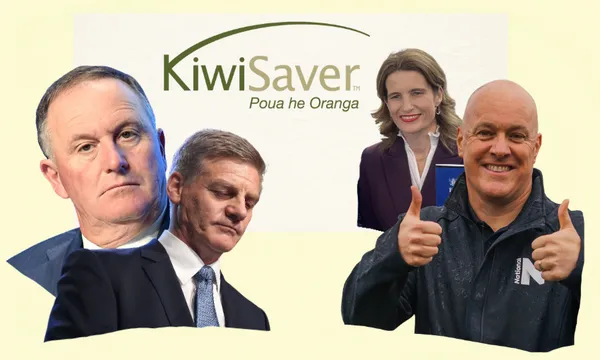 Four people in business attire stand near a KiwiSaver logo and slogan "Poua he Oranga"; one woman holds a folder, one man gives two thumbs up, and two men look serious.