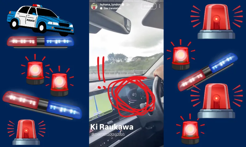 A photo shows a car's dashboard with the speedometer at 121 km/h, highlighted in red. Police car and siren graphics frame the image. Text at the bottom reads "Ki Raukawa" and at the top is an Instagram header.