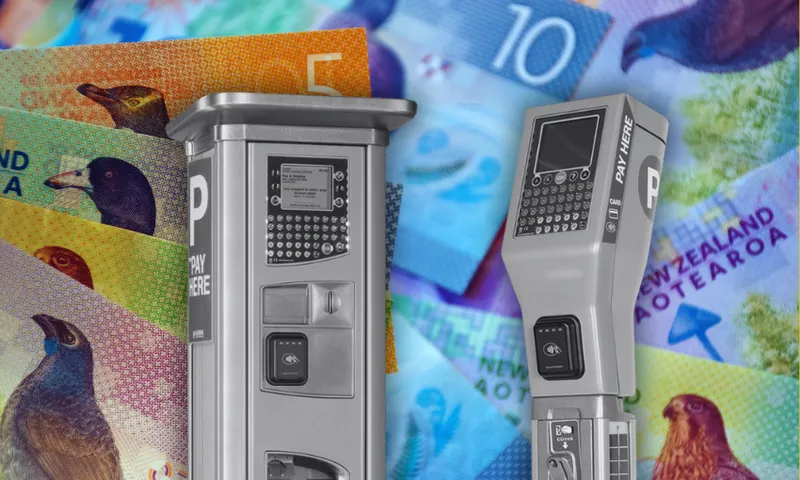 two grey parking machines overlaid on a pile of new zealand bank notes