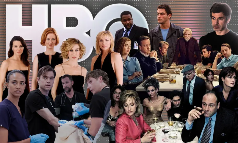 a crowded collage of famous TV characters from HBO shows including gangsters, doctors, socialites and billionaires