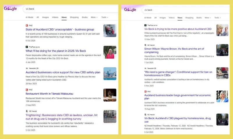 Two screenshots of Google search results for “viv beck.” The left side’s headlines focus on Auckland CBD issues and homelessness; the right side’s headlines mention Viv Beck’s campaign and positions on homelessness and economic plans. Yellow border.