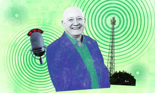 A smiling man in a blue and green suit stands in front of a radio tower and a vintage microphone with "On the air" lit up, surrounded by green concentric signal waves on a green checkered background.