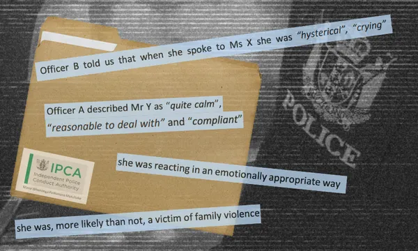 A file folder labeled "IPCA Independent Police Conduct Authority" lies on a dark surface with a police shield in the background. Overlaid are highlighted quotes about police descriptions of individuals' behavior and emotional responses.