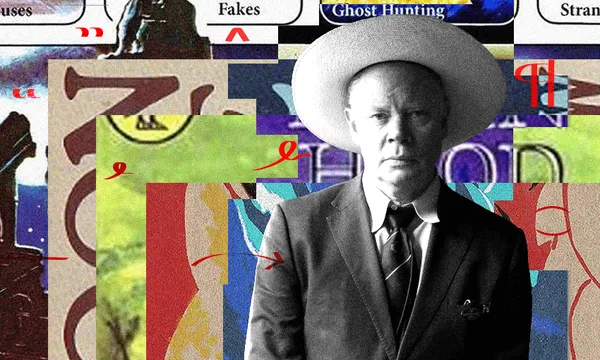 A black and white photo of musician Delaney Davidson who is a middle aged man. He is wearing a suit and wide brimmed hat. Behind him is a collage of book covers.