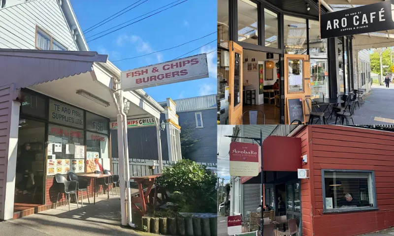 a fish and chip shop in a weatherboard building, and two cafe shop fronts in Aro Valley