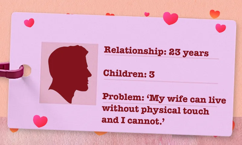 the pink 'love actually' template with a fake ID card showing a man in a 23-year relationship, with three kids and no physical touch