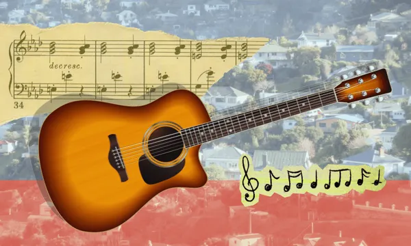An acoustic guitar, music notes, and a sheet of music are layered over a blurred background of houses on a hillside with a red shape at the bottom.