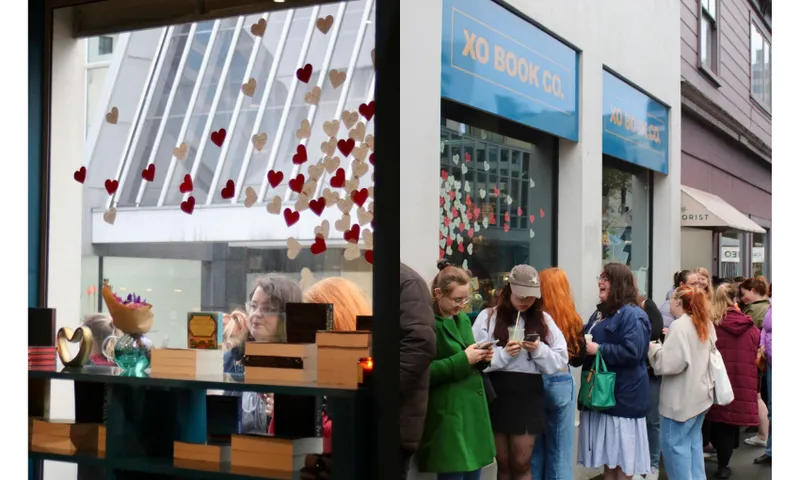 A photo from the interior of a bookshop looking out at customers peering in the windows. Beside it is a photo showing the customers outside lining up to get into the bookstore.