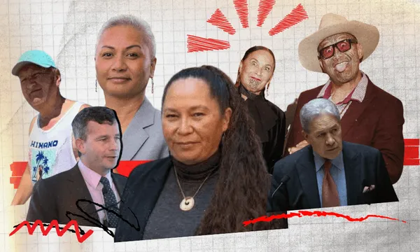 A collage of seven people with varied expressions, including a woman in a necklace, a man in a suit, a woman with a moko kauae, and others, set against a grid background with red graphic accents.