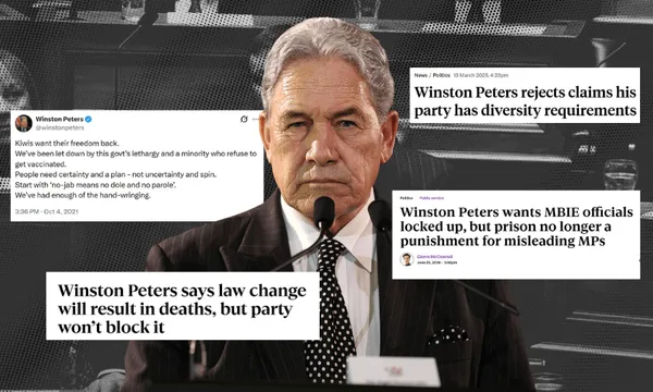 A serious-looking man in a suit stands at a podium with microphones. Surrounding him are various headlines and tweets about political controversies and statements, including topics like diversity, law changes, and punishment for MPs.