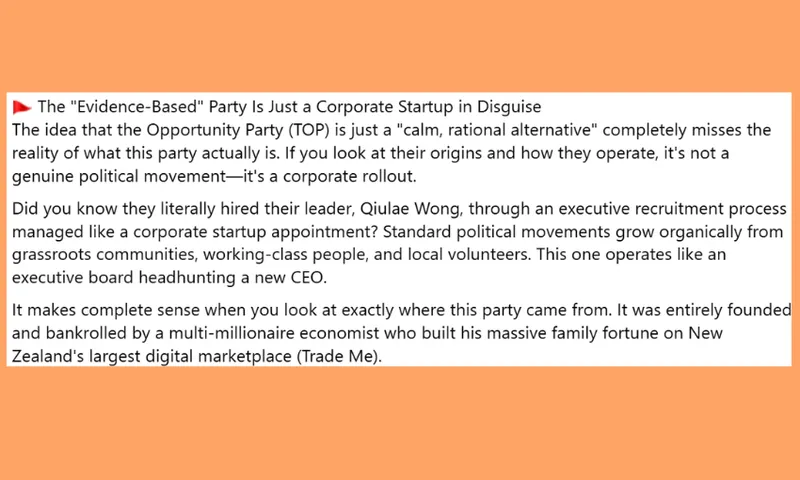An orange background displays a block of text criticizing the Opportunity Party, claiming it operates like a corporate startup rather than a grassroots political movement. A red triangle icon appears next to the headline.