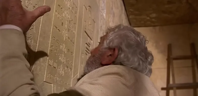 An older man with gray hair and a white beard examines ancient hieroglyphs carved into a stone wall, leaning in closely. A wooden ladder is visible in the background.