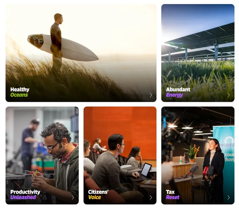 A collage of five images: a person with a surfboard in tall grass ("Healthy Oceans"), solar panels ("Abundant Energy"), a person working on electronics ("Productivity Unleashed"), people in a meeting ("Citizens' Voice"), and a woman at a podium ("Tax Reset").