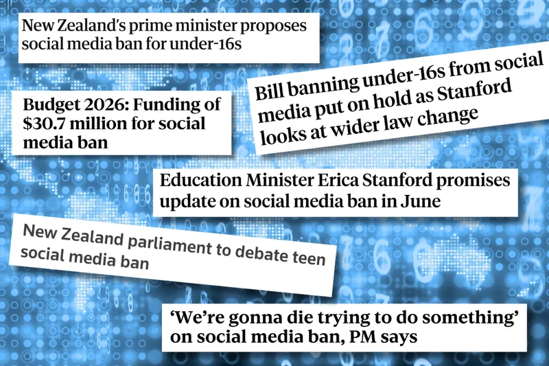 Headlines about New Zealand politicians attempts to legislate a social media ban.