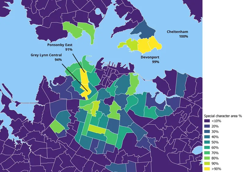 Map showing areas of Auckland, New Zealand, shaded by percentage of people using special characters. Ponsonby East (91%), Grey Lynn Central (94%), Devonport (99%), and Cheltenham (100%) are highlighted in yellow-green shades.