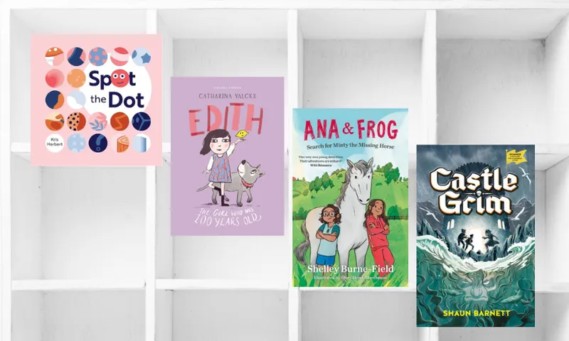 Four book covers descending with a background of white empty bookshelves.