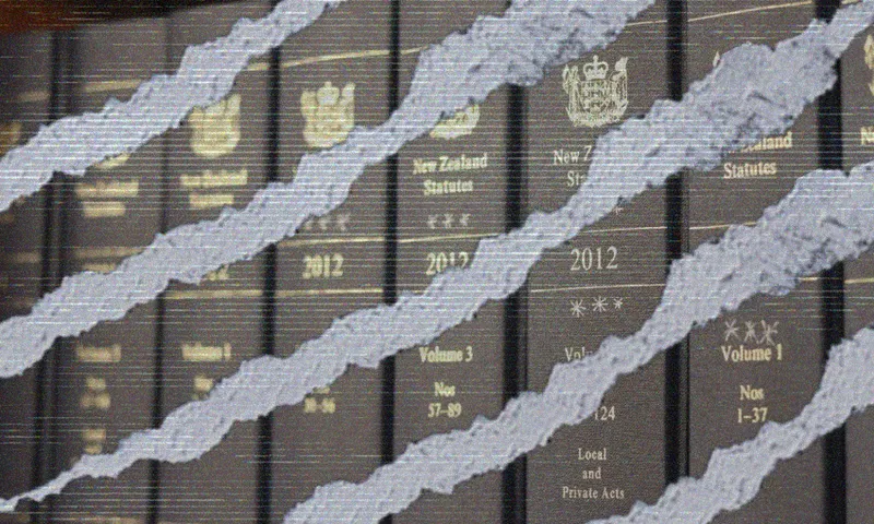 A row of legal books labeled "New Zealand Statutes 2012" is shown with jagged, torn-like white streaks running diagonally across the image.