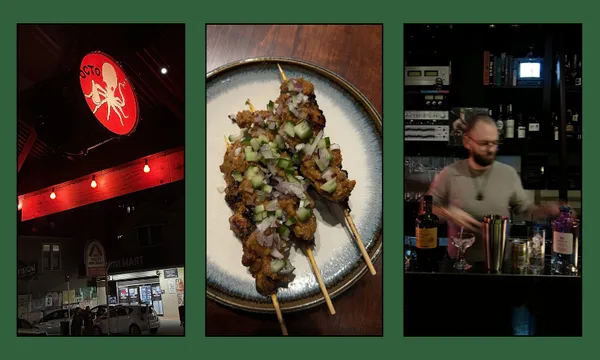 A red octopus logo sign, skewers topped with chopped onions on a plate, and a bartender mixing drinks behind a bar, all bordered with green.