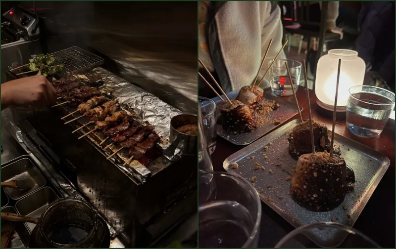 Split image: Left side shows a hand grilling skewers of meat and vegetables over open flames. Right side shows chocolate and peanut covered s'mores on skewers and a lit candle on a dark dining table.