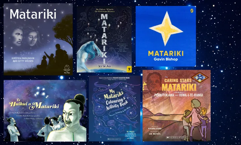 Six Matariki books arranged over a background of stars.