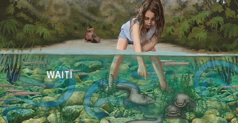 A spread from a book about Matariki - a girl is standing in a freshwater stream and you can see the wildlife under the water.