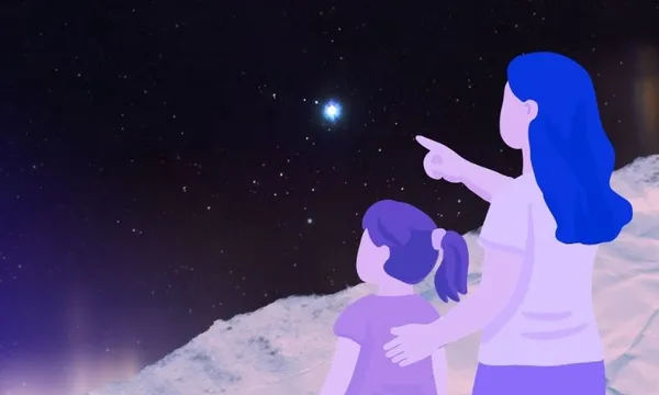 Two illustrated figures, an adult and a child, stand on a snowy surface at night. The adult points toward a bright star in the sky as the child looks up, stars scattered across the dark background.