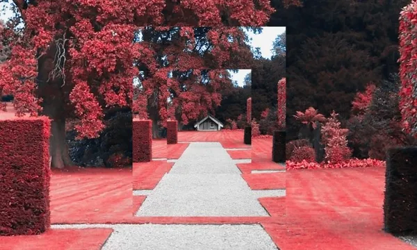 A walkway through a garden with red grass and trimmed bushes, featuring a digital effect that repeats the center of the image in smaller frames towards a small house.