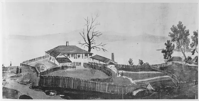Black and white painting of a house with a picket fence, a leafless tree, and a few people standing nearby. The house is surrounded by a yard, with hills and more trees in the background.