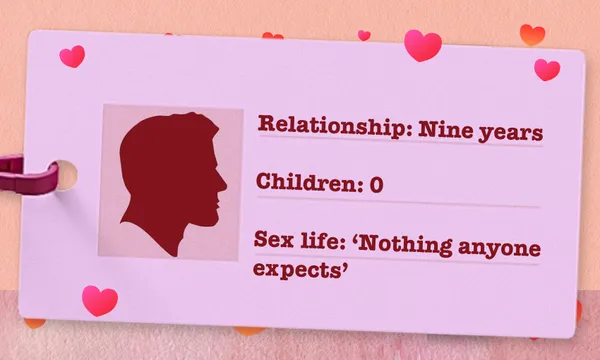 a pink design template with a fake ID showing a man in a relationship of nine years with no children and an unexpected sex life