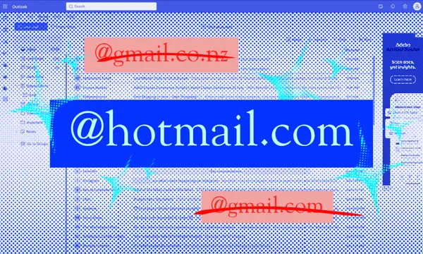 A polka dot image of an email inbox with "@hotmail.com" highlighted in blue. "@gmail.co.nz" and "@gmail.com" are crossed out in red.