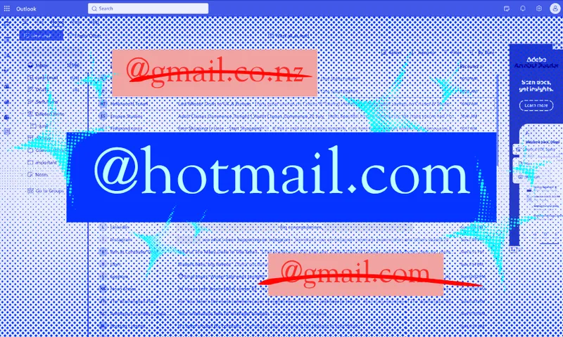 A polka dot image of an email inbox with "@hotmail.com" highlighted in blue. "@gmail.co.nz" and "@gmail.com" are crossed out in red.