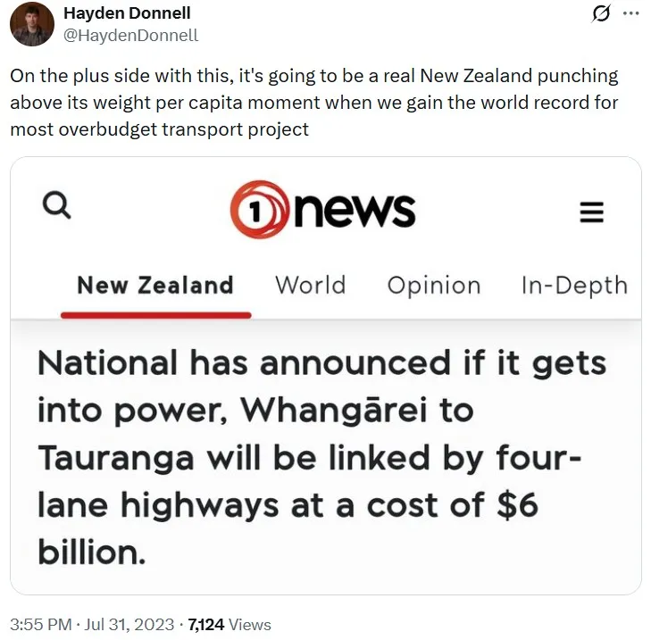 Screenshot of a tweet about New Zealand building four-lane highways linking Whangārei to Tauranga for $6 billion, referencing a 1 News headline and joking about setting a world record for overbudget transport projects.