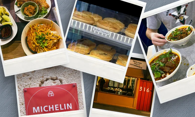 A collage of meals including noodles, curries, and pies, hands holding bowls, a Michelin sign, and a brightly lit restaurant exterior at night.