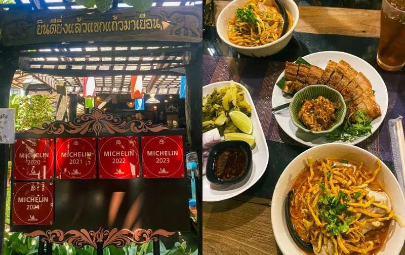 A restaurant displays multiple Michelin Guide awards. Beside it, northern Thai dishes like khao soi, grilled pork, and various sides are served on a wooden table.