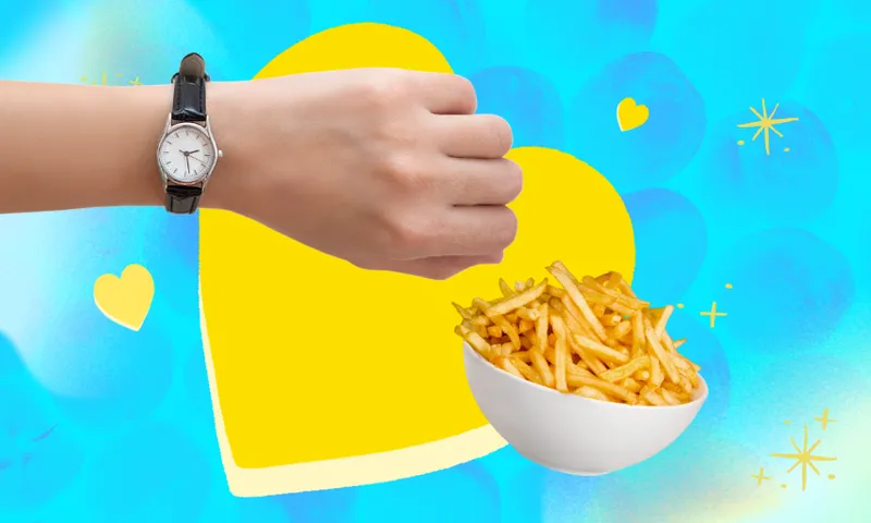 blue dating files textured background with a yellow heart, overlaid are a hand with a wristwatch on it and a white bowl with fries