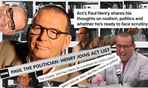 A collage of Paul Henry in various poses, overlaid with news headlines about his political involvement and opinions on topics like nudism, politics, and scrutiny.
