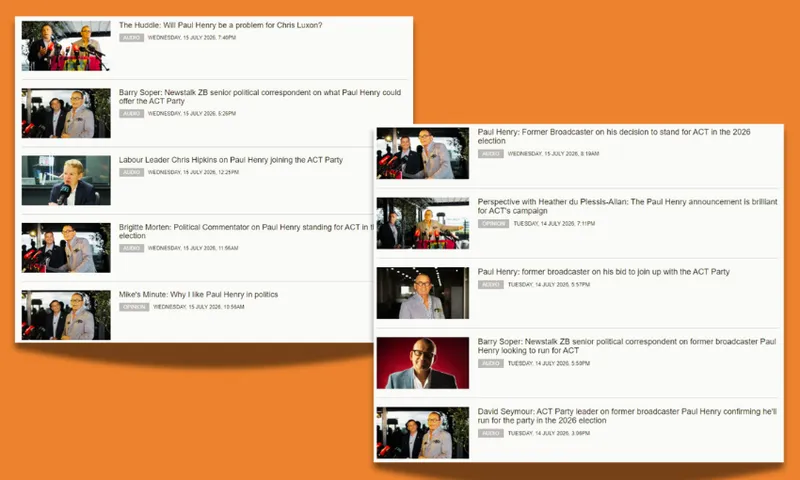 Screenshot of two columns of news article thumbnails, each with a small image, headline, byline, and date. Headlines discuss Paul Henry, politics, and the ACT Party in New Zealand. Background is light, text is clear.