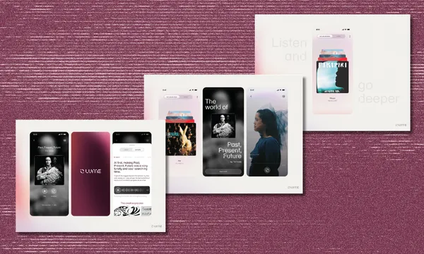 Three digital screens display music or podcast apps with images of people, album covers, and interface elements, set against a textured pink background. Text phrases appear, such as "Listen and go deeper" and "Fast, Present, Future.