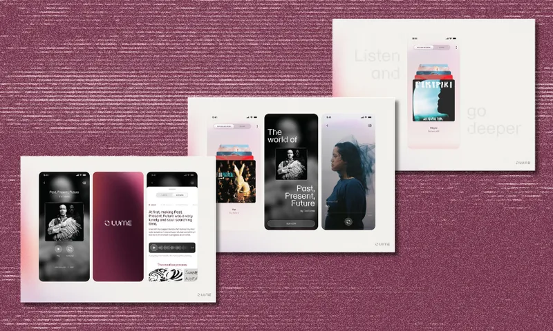 Three digital screens display music or podcast apps with images of people, album covers, and interface elements, set against a textured pink background. Text phrases appear, such as "Listen and go deeper" and "Fast, Present, Future.