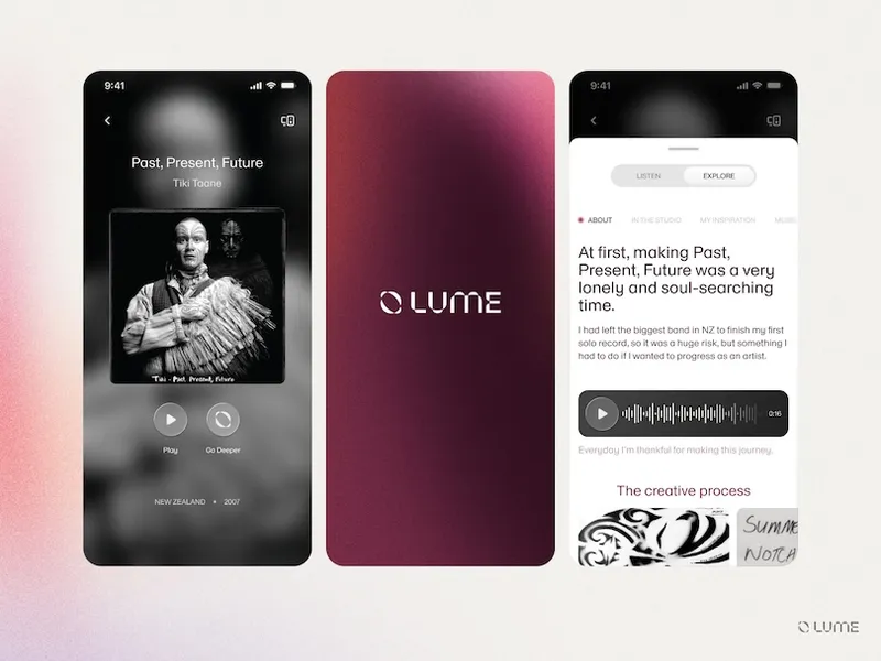 Three phone screens show the LUME app: an artist profile, the LUME logo, and an audio story with text about “Past, Present, Future” by Tiki Taane. The design is clean, with grayscale and maroon tones.
