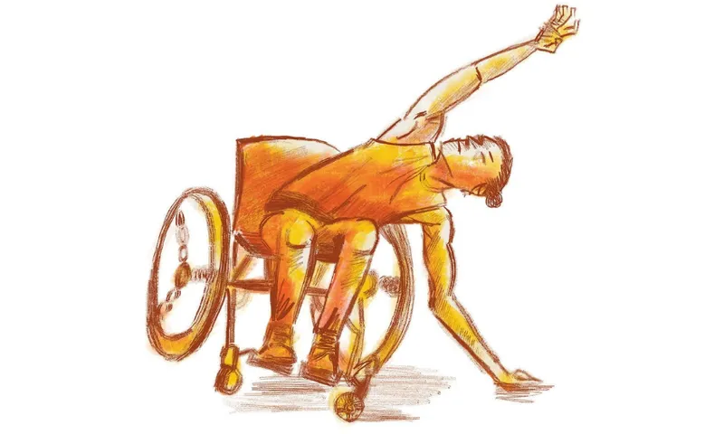 An illustration of a young man moving in a wheelchair, making a graceful arc with his arm.